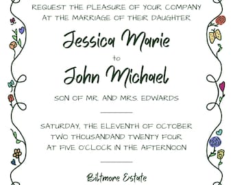 Whimsical Hand-drawn Floral Invite Template - Invite Card