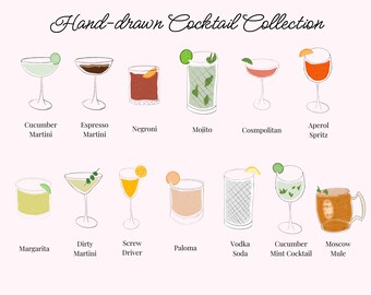 Hand-Drawn Cocktail Icon Collection, Signature Drink Icons, Customizable Icons for Drink Sign, Espresso Martini, Dirty Martini, Cocktail Art