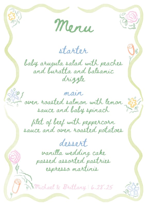 Hand-Drawn Floral Garden Menu Template, Custom Menu, Garden Party Wedding Menu, Handdrawn Garden Party Menu