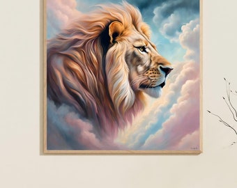 Lion Art Painting, Dreamy Cloudscape Printable Wall Decor | Baby Shower Gift