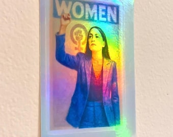 AOC Holographic Sticker | Women's Empowerment Sticker | 2.5x3.8" Decal | Alexandria Ocasio-Cortez Pastel Portrait
