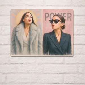 Puede incluir: Una imagen dividida en dos partes que muestra a dos mujeres con la palabra "POWER" en letras grandes en el lado derecho. La mujer de la izquierda lleva un abrigo de piel azul claro y tiene un halo de luz alrededor de la cabeza. La mujer de la derecha lleva una chaqueta azul oscuro y gafas de sol. El fondo es rosa claro y amarillo.