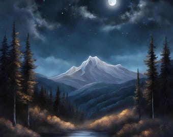 Moonlight Mountain Art - Dark Landscape Printable Wall Art - Atmospheric Night Scene