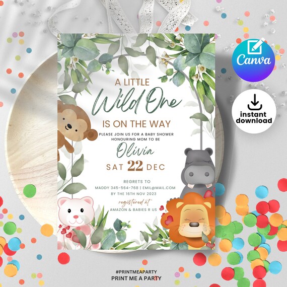 Baby Shower Evite Woodland Jungle Safari Animals Baby Shower Editable