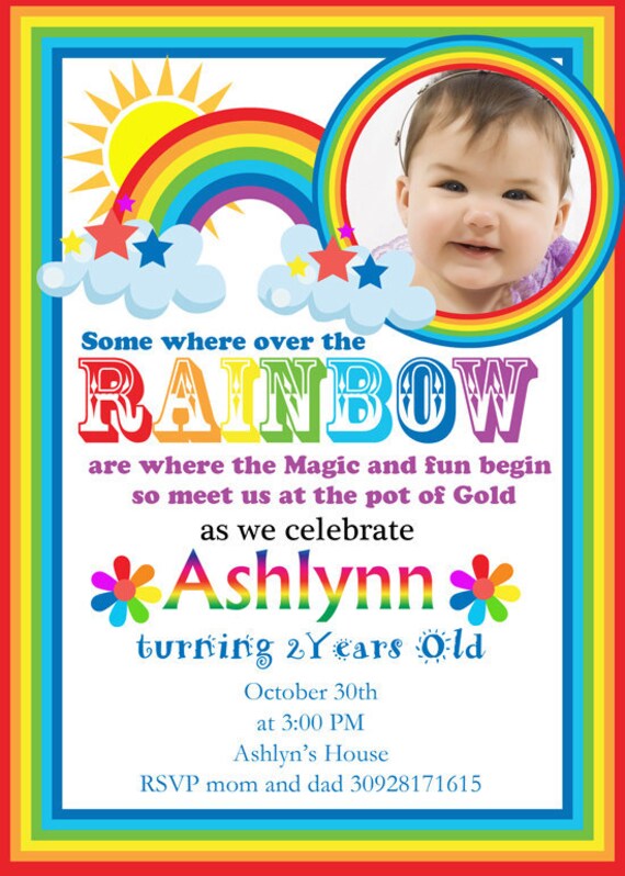 rainbow birthday invitations with photo, First Birthday Girl