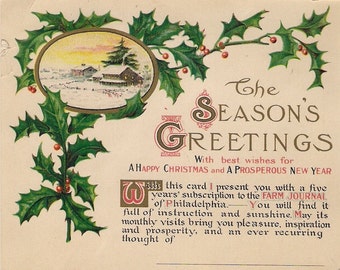 Vintage 1907 Farm Journal Christmas Gift Subscription Card