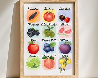 F1 Team Fruit Poster, Formula 1 2025 Art Print, Cute Gift for F1 Fan, Aesthetic Wall Art Digital Download, McLaren Ferrari Red Bull Mercedes