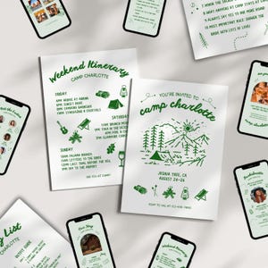 Camp Bachelorette Party Invitation, Weekend Itinerary Printable Template, Last Trail Before the Veil, Whimsical Mountain Glamping Download