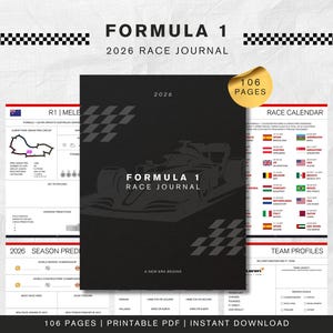 以下が含まれることがあります： 106ページのFormula 1 2026レースジャーナル。表紙は黒で、Formula 1カーのグラフィックと「Formula 1 Race Journal」の文字が入っています。ジャーナルには、レースカレンダー、ドライバーポイント、チームプロフィールが含まれています。