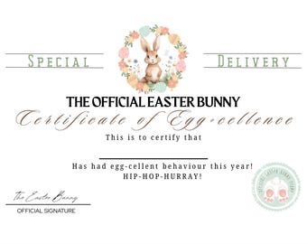 May include: A certificate of Egg-cellence from the Official Easter Bunny, featuring a cartoon bunny surrounded by flowers. The certificate reads "This is to certify that...Has had egg-cellent behaviour this year! HIP-HOP-HURRAY!"