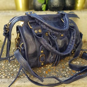 Sac Vintage en Cuir Bleu Marine – Style Bohème Rock Chic, Made in Italy - Small