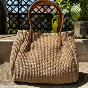 Grand Sac Cabas Raphia Beige & Cuir Camel - Artisanat Italien - Made in Italy - Maroquinerie Haut de Gamme - Sac Femme Boho Chic