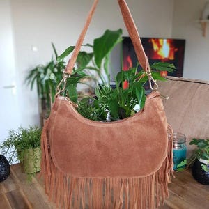 Camel Fringed Suede Leather Handbag – Boho & Rock Spirit – Made in Italy