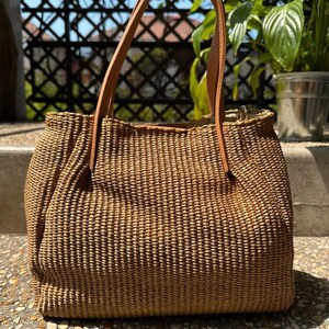 Grand Sac Cabas Raphia & Cuir Camel - Artisanat Italien - Made in Italy - Maroquinerie Luxe - Sac Femme Boho Chic - Cadeau Haut de Gamme