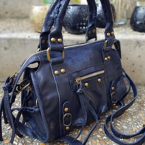 Sac en Cuir vieilli Small Noir Vintage – Style Bohème Rock Chic, Made in Italy