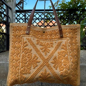 Grand Cabas Tapisserie Jaune Moutarde Garni Cuir - Artisanat Italien - Bohème Chic - Made in Italy - Sac Femme Tendance  Cadeau Élégant 2025