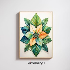 Puede incluir: Impresión en acuarela enmarcada con un diseño floral estilizado. Las hojas superpuestas muestran degradados de verde, azul, amarillo y naranja. La obra de arte está sobre un fondo crema y enmarcada en madera clara. El texto "Pixellary" es visible.