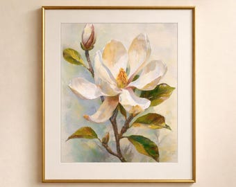 Lámina Decorativa de Magnolia – Arte Floral Botánico Elegante para Interiores Neutros y Serenos