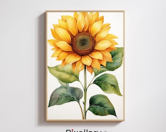 Sonnenblume botanische Illustration: Rustikale gelbe Blumen Wand Kunst (Digitaler Download)