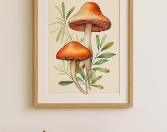 Mushroom Wall Art – Autumn Botanical Print – Rustic Woodland Cottage Decor