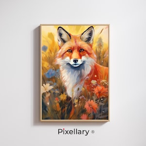 Red Fox in Wildflower Field – Vibrant Animal Wall Art – Woodland Digital Print for Nature-Inspired or Boho Decor