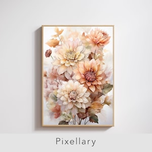 Puede incluir: Pintura a la acuarela de un ramo de dalias en tonos melocotón, crema y marrón, enmarcada en un marco de madera. El arreglo floral presenta grandes flores en capas y un delicado follaje. La palabra "Pixellary" está impresa en la parte inferior.