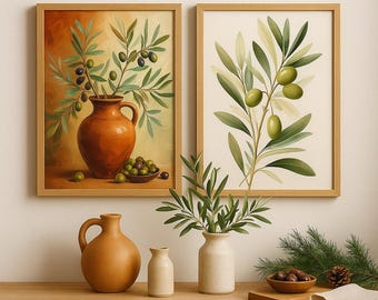 Set di stampe Olive Branch: decorazioni rustiche per cucina mediterranea (download digitale)