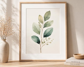 Sage Green Botanical Print – Minimalist Leaf Watercolor – Printable Wall Decor