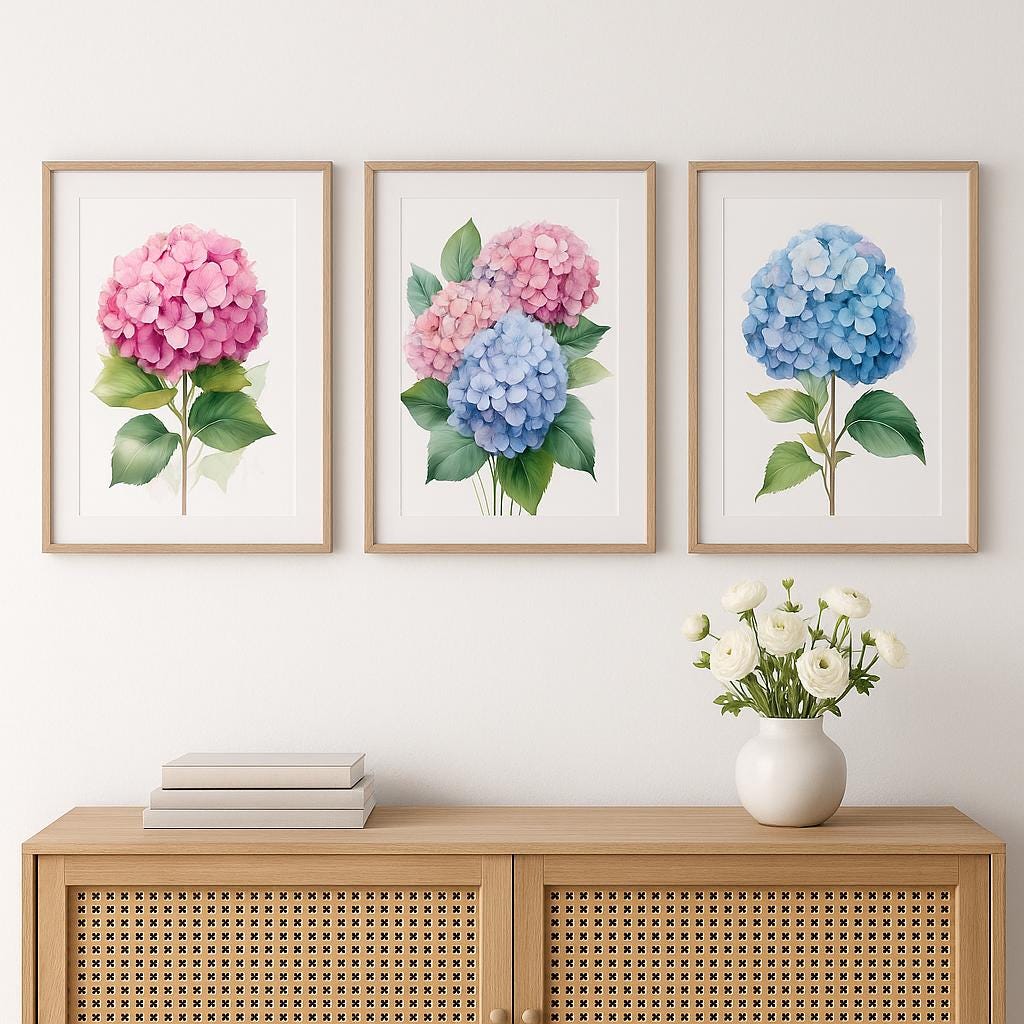 アジサイの水彩画プリントセット：ピンク、ブルー、マルチカラーの花の