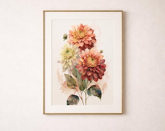 Chrysanthemum Wall Art, Watercolor Flower Print, Terracotta Floral Decor, Botanical Printable Digital Download
