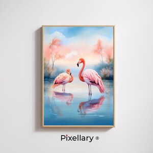 Elegante Flamingo Wand Kunst | Serene Lake Digital Druck | Pastell Natur Poster | Druckbare Flamingo Dekor
