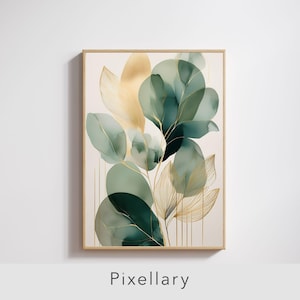 Peut inclure: Une affiche botanique encadrée avec des feuilles à l'aquarelle vertes et dorées. Les feuilles présentent de fins détails dorés sur un fond crème. L'affiche est dans un cadre en bois clair, avec le mot "Pixellary" en bas.