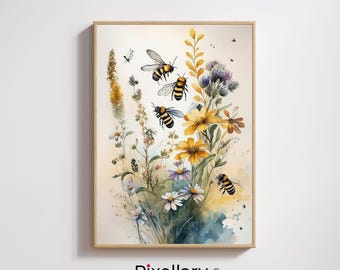 Arte de Abejas y Flores Silvestres – Lámina Botánica Cottagecore – Decoración Rústica de Primavera