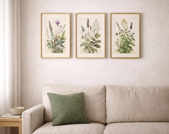 Sage Green Wildflower Watercolor Print Set of 3 – Botanical Wall Art (Digital Download)