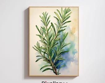 Muurkunst rozemarijnkruid – Botanische aquarelprint – Rustiek digitaal keukendecor met groene tinten