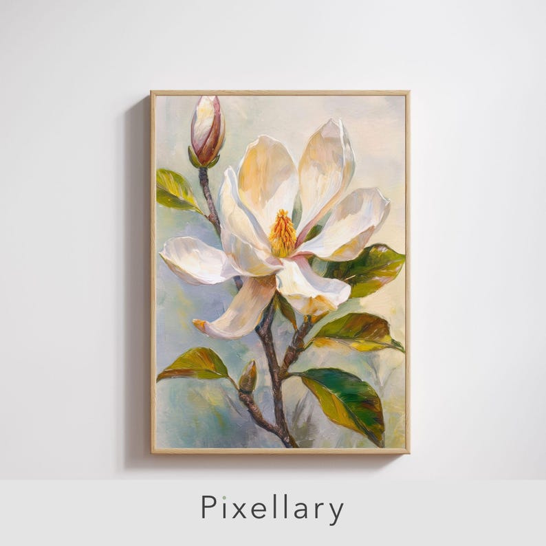 May include: A framed floral painting featuring a large white magnolia blossom with yellow stamens, green leaves, and a bud. The artwork is set against a soft, blended background of light blue and yellow hues. The text "Pixellary" is at the bottom.