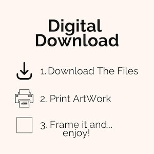 May include: A beige background with black text that reads "Digital Download." Below, numbered steps explain the process: download files, print artwork, and frame it. Icons accompany each step, including a download arrow, a printer, and a square.