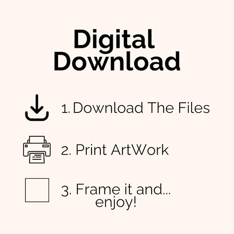 May include: A beige background with black text that reads "Digital Download." Below, numbered steps explain the process: download files, print artwork, and frame it. Icons accompany each step, including a download arrow, a printer, and a square.