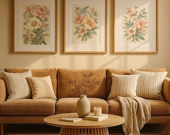 Vintage Floral Art Set of 3 – Botanical Wall Art in Soft Neutral Tones