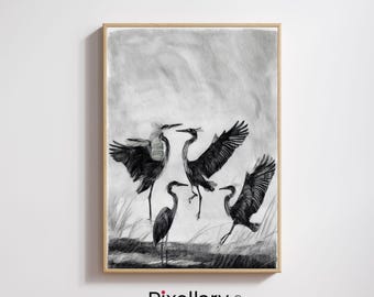 Heron Sketch Wall Art – Minimalist Bird Print – Black and White Nature Illustration