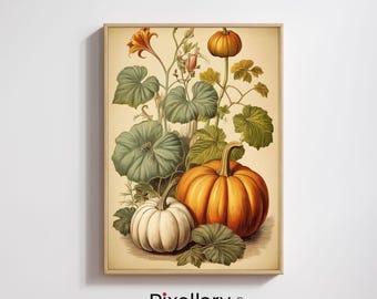 Pumpkin Wall Art – Rustic Autumn Harvest Print – Farmhouse Fall Botanical Decor