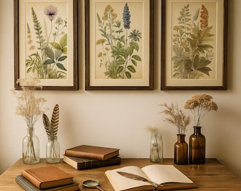 Set de láminas botánicas x3 – Plantas silvestres vintage – Decoración cottagecore natural – Pack imprimible rústico
