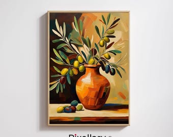 May include: A framed painting depicting a terracotta vase filled with olive branches and olives. The olives are green and black, with some scattered on the table. The background features warm brown and yellow tones.