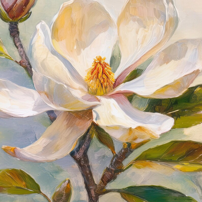 May include: Close-up of a white magnolia flower with yellow and orange center, painted with visible brushstrokes. The petals are soft white with hints of pink and yellow. Green leaves and brown branches are also visible, creating a natural, artistic composition.