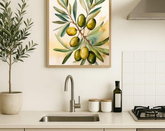 Olive Branch Wall Art – Watercolor Botanical Print of Mediterranean Olives – Rustic Kitchen Digital Download