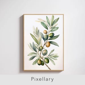 Puede incluir: Pintura a la acuarela de una rama de olivo con aceitunas verdes y doradas y hojas verdes. La obra de arte está enmarcada en un marco de madera marrón claro. El texto "Pixellary" está en la parte inferior de la imagen.