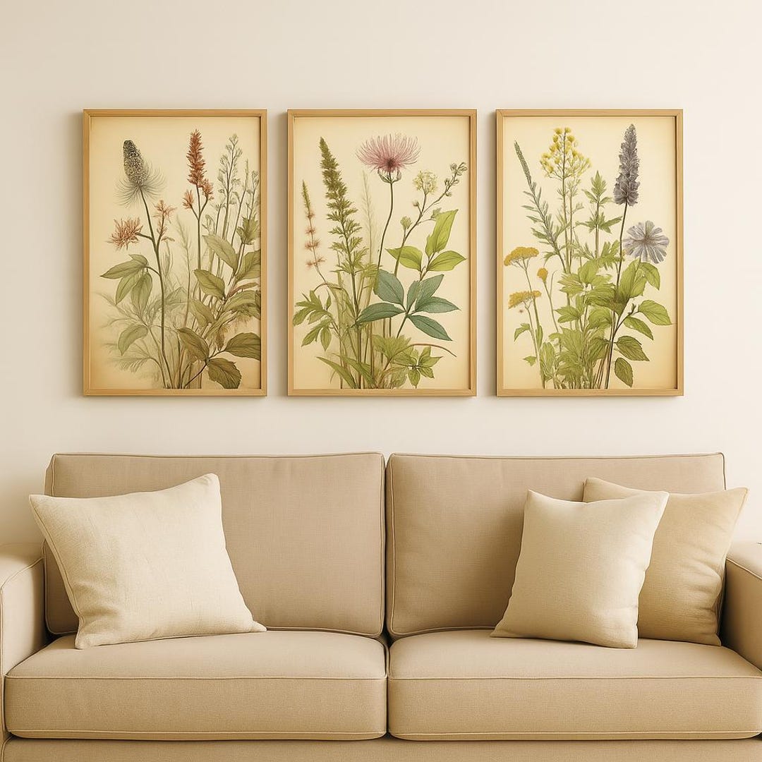 Botanical Wall Art Set of 3 – Vintage Wildflower Prints – Neutral ...