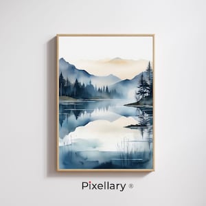 Mountain Lake Print – Watercolor Nature Landscape Wall Art – Serene Forest Reflection Decor (Digital Download)