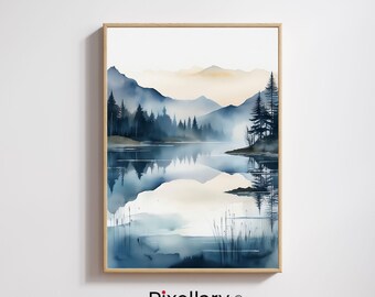 Mountain Lake Print – Watercolor Nature Landscape Wall Art – Serene Forest Reflection Decor (Digital Download)
