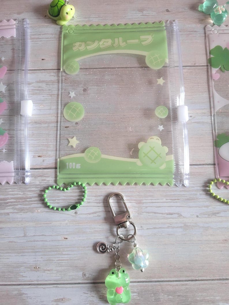Glitter Tamagotchi Case or Fan Photocard or ID Holder: Candy, Strawberry, Melon Protective Sleeve with Handmade Charm Attachments Melon Green Turtle